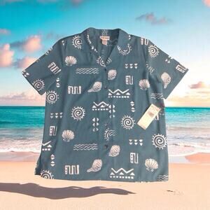 Alfred Dunner Women's Size 14 Short Sleeve Button Up Aqua Seashells NWT